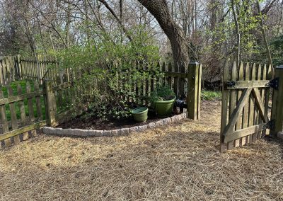 A wooden picket fence with an open gate, green potted plants, and straw-covered ground in a garden.