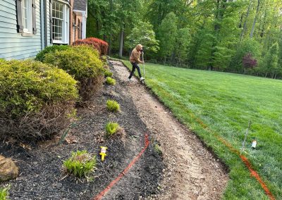 Person digging along a dirt pathway beside a house, bordered by bushes and marked with orange spray paint.