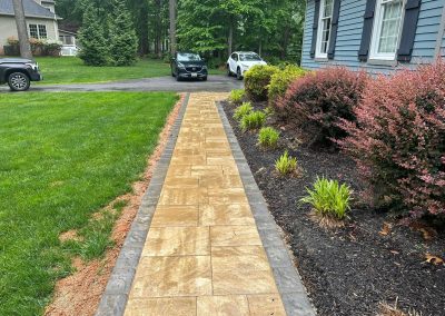 A paved walkway bordered by grass and shrubs leads to a driveway with cars in front of a house.