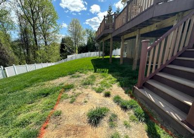 A patchy lawn with dry spots beside a wooden deck and white fence on a sunny day.