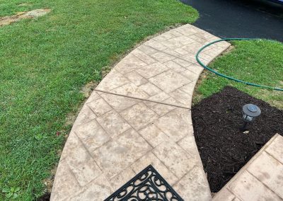 Curved concrete walkway next to grass, mulch, and a garden hose leading toward a driveway.